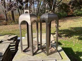 A Set Of 2 Tall Open Metal Lanterns - 33 Inches High