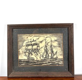 Vintage Woodcut Litho Of British War Ship Off The Coast Of Bermuda Signed Briggs
