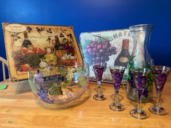 Hand Painted Decanter, 4 Cordial Glasses, Salad Bowl & 2 Glass Cutting Boards