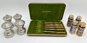 New In Box Vintage Saks 5th Avenue Gold Tone Bamboo Style Steak Knives  & 8 Cobalt Glass Salt Shakers