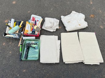 Lot Of 5 Canvas Drop Cloths And Misc Painting Supplies