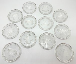 1970s Val St. Lambert Coasters Embossed With Zodiac Signs, Full Set Of 12, Signed