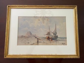 Watercolor Painting Of Ships And Fisherman On Beach Signed F. Williams