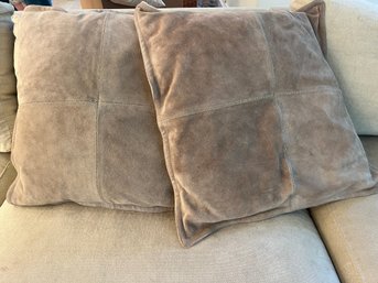 A Pair Of Suede Pillows With Buttoned Linen Backs - 20 X 20