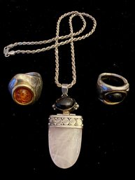 Sterling Silver Pendant On Chain & Two Sterling Rings (3)