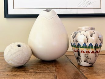 Signed And Stamped Native American Trio - Etched Horsehair Pot With White Artisan Stamped Vessels