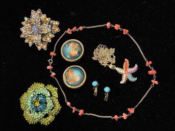 Rhinestone Brooches, Enamel Clip On Earrings, Coral Necklace, Starfish Necklace