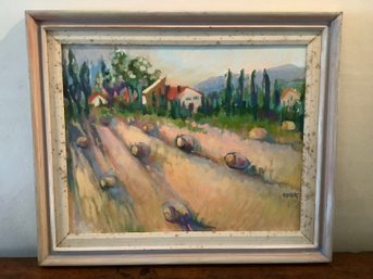 Signed Oil On Canvas Of Haystacks On A Farm