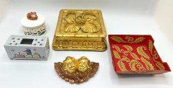 Handmade Covered Jewelry Box, Vintage Delft Hairpin Holder, Tin Trinket Tray, Fox Hunt Trinket Box & Angels