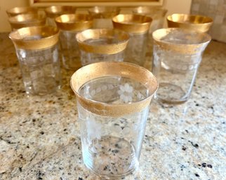 A Set Of 12 Vintage Etched Glass Tumblers With Gold Trim