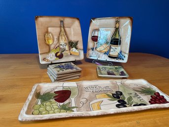 Two Hand Painted Wine Dishes By Cheryl Rosa, 4 Coasters, Cheese Plate Tid Bit Plate