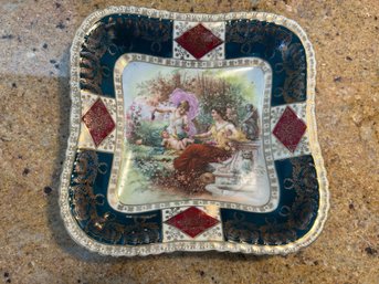 Classical Pre 1918 Mythological Scene Teal Gilt Border Square Scalloped Bowl