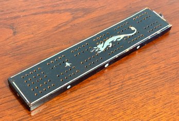 Vintage Black Lacquer & Mother Of Pearl Dragon Cribbage Board