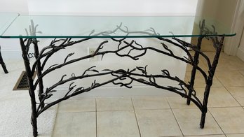 Glass Top Sofa Table With Metal Brutalist Base