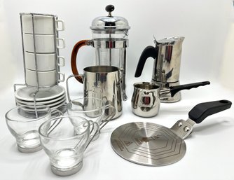 Bodum French Press, Bialetti Mocha Pot, Steaming Pitcher, Espresso Cups & Induction Adapter