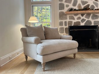 A Handsome Oversized Linen Chair - Down Cushions - Extreme Comfort - Turned Legs - 1 Of 2