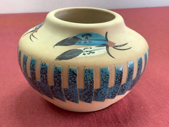 Marilyn Signed Pottery Vase- Blue With Feathers