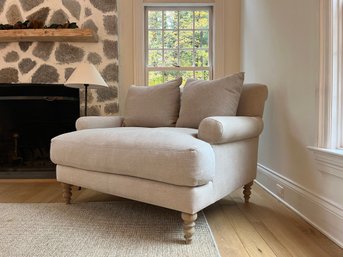 A Handsome Oversized Linen Chair - Down Cushions - Extreme Comfort - Turned Legs - 2 Of 2
