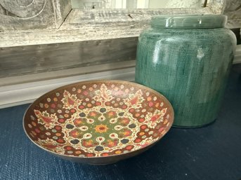 Ceramic Lidded Jar & Embossed Enamel Bowl