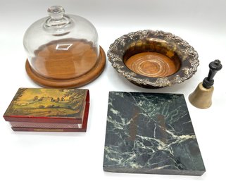 Mid Century Modern Teak Cloche Cheese Board, Wine Coaster, Vintage  Matchbook Cover, Marble Trivet & Bell