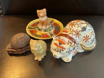 Vintage Cat Figurine Collection: Imari Porcelain Carved Stone And Resin