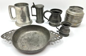 Antique & Vintage Pewter: Porringer Bowl,  Tiffin Box, Tankard Drinking Cups & Beer Stein (6 Pieces)