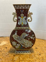 Striking Vintage Japanese Cloisonne Enamel Moon Vase - Peacock & Floral Motif - Gilt Phoenix Handles