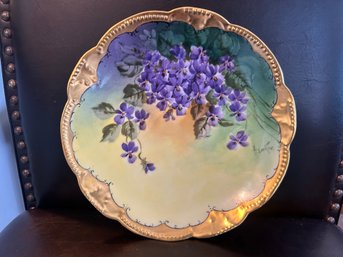 Antique Art Nouveau Limoges Hand Painted Violets Gold Gilt Cabinet Plate Signed H. Hecker