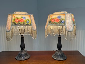 Floral Reverse Painted Victorian Style Fringe Table Lamps