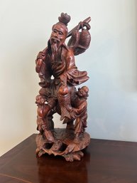 Intricate Vintage Chinese Hand-Carved Wood Fisherman With Two Boys & Abundant Fish  Prosperity Symbol!