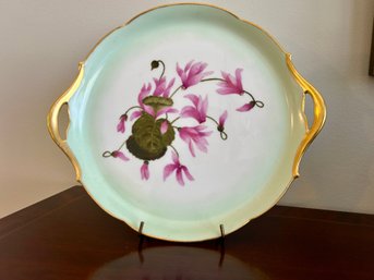 Early 20th Century Limoges France Hand-Painted Cyclamen Serving Tray - Gold Gilt Handles