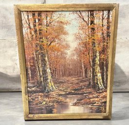 Original Oil On Canvas Autumn Forest Landscape With Birch Trees & Stream  ~ Signed 'Angel' ~