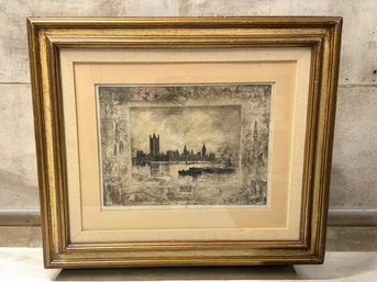 Antique Félix Buhot (1847–1898) – Westminster Palace, London, 1884 Original Etching With Red Owl Stamp
