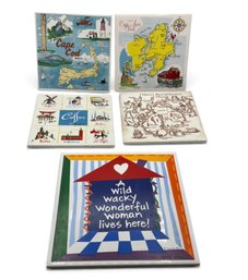 5 Vintage Decorative Ceramic Tiles – Cape Cod, Cape Ann, Mount Desert Island & Coffee