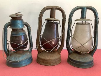 Vintage Lanterns Lot Of 3 - Two Red Glass/one Clear