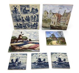 7 Vintage Holland Dutch Ceramic Tiles – Windmills & Village Scenes ~ Ter Steege, Delft & More ~