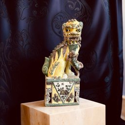 Large Vintage Chinese Sancai-Style Foo Dog Yellow And Green Glazed Guardian Lion With Cub