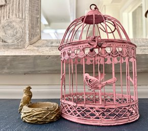 Brass Bird, Nest, With Pink Vintage Cage