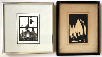 2 Paper Cut-Outs: Carew Rice (1899 American) Deers & Marcia Guthrie 'City Dream' &