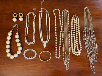 Elegant Gold Tone Costume Jewelry Collection Featuring Faux Pearls & Crystal Accents