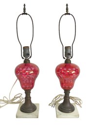 Matching Pair Of Cranberry Cut To Clear Table Lamps On Marble Bases