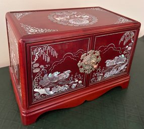 Mother Of Pearl Inlay Lacquerware Jewelry Chest Asian Style Tabletop Box