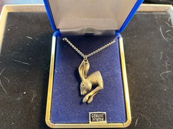 Vintage Genuine Pewter Jackrabbit Pendant Necklace Realistic Figural Hare Jewelry In Gift Box