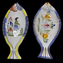 Pair Of Henriot Quimper Hand-Painted Fish Shaped Serving Platters