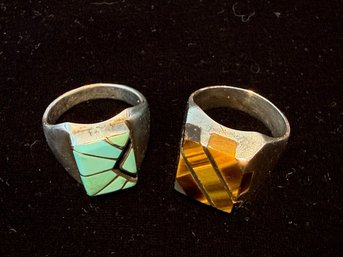 Sterling Silver Men's Rings - Signed Turquoise & Tiger Eye (2)