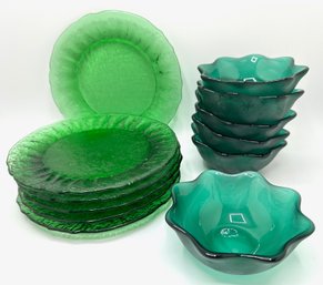 6 Vintage Green Glass Dessert Plates & 6 Green Frosted Glass Dessert Bowls