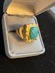 Sterling Silver Gold-Tone Ornate Turquoise Cushion Ring Size 7