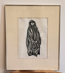 Vintage Framed Woodcut Print By Nikos Stavroulakis (1932 - 2017) Of Nun