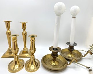 3 Pairs Vintage Brass Candlesticks, 1 Upcycled With Electric Lamps