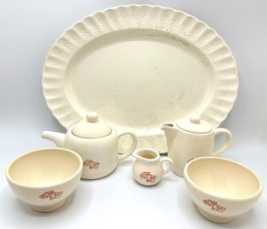 Large Vintage Spode Copeland England Platter & Le Pain Quotidien Tea Set: Teapot, 2 Creamers & 2 Bowls